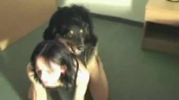 Filthy slut gets screwed hard by her mischievous male canine companion on the bedroom floor