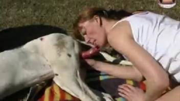Filthy teen beastiality fan girl poses in doggy style outside and has dirty sex with her pet dog
