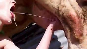 Zoophilia cow suck pleasuring chick in action